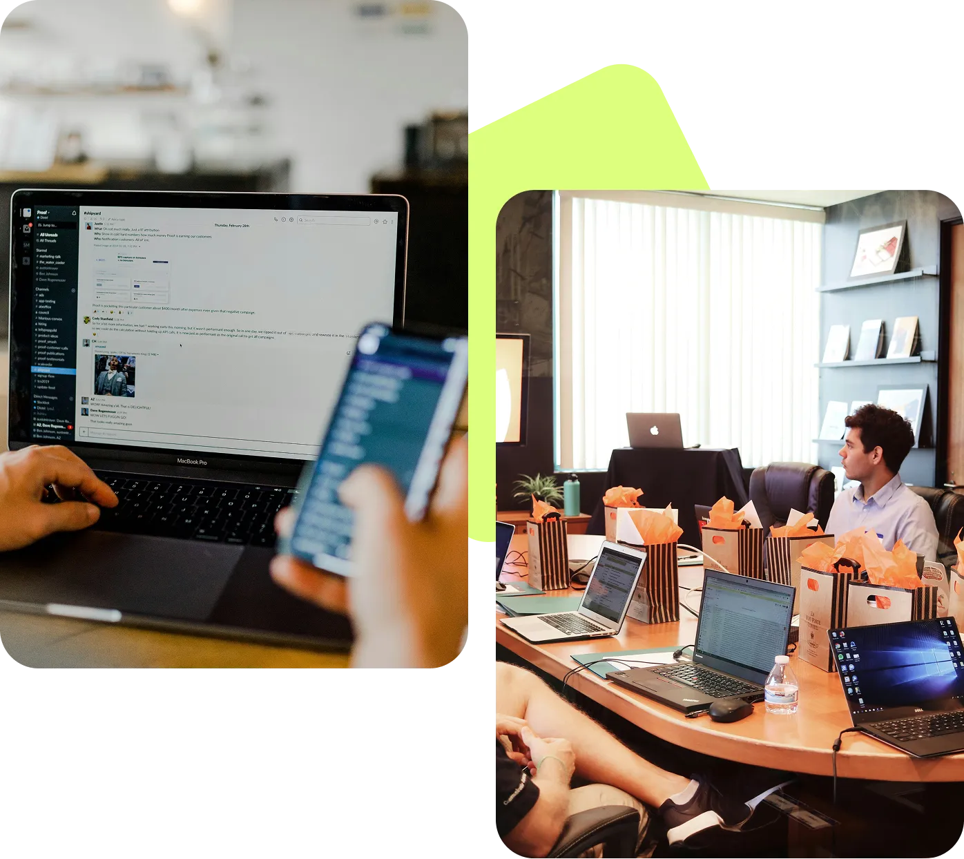 Left image shows a person using a MacBook Pro and holding a smartphone; right image shows two people in a meeting room with laptops.