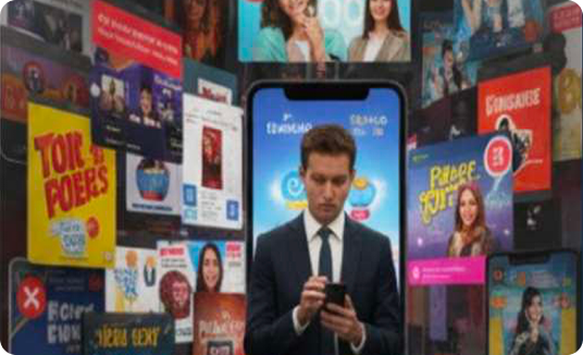 Man in suit looking at his phone surrounded by floating social media ads and notifications.