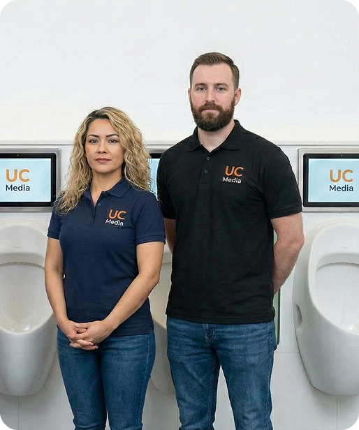 A man and a woman wearing UC Media polo shirts stand side by side in front of urinals with screens displaying the UC Media logo.