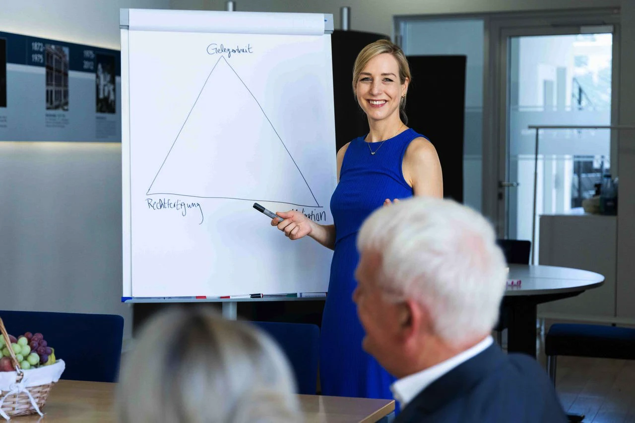 Frau im blauen Kleid erklärt ein Dreieck-Diagramm auf einem Flipchart in einem Besprechungsraum.