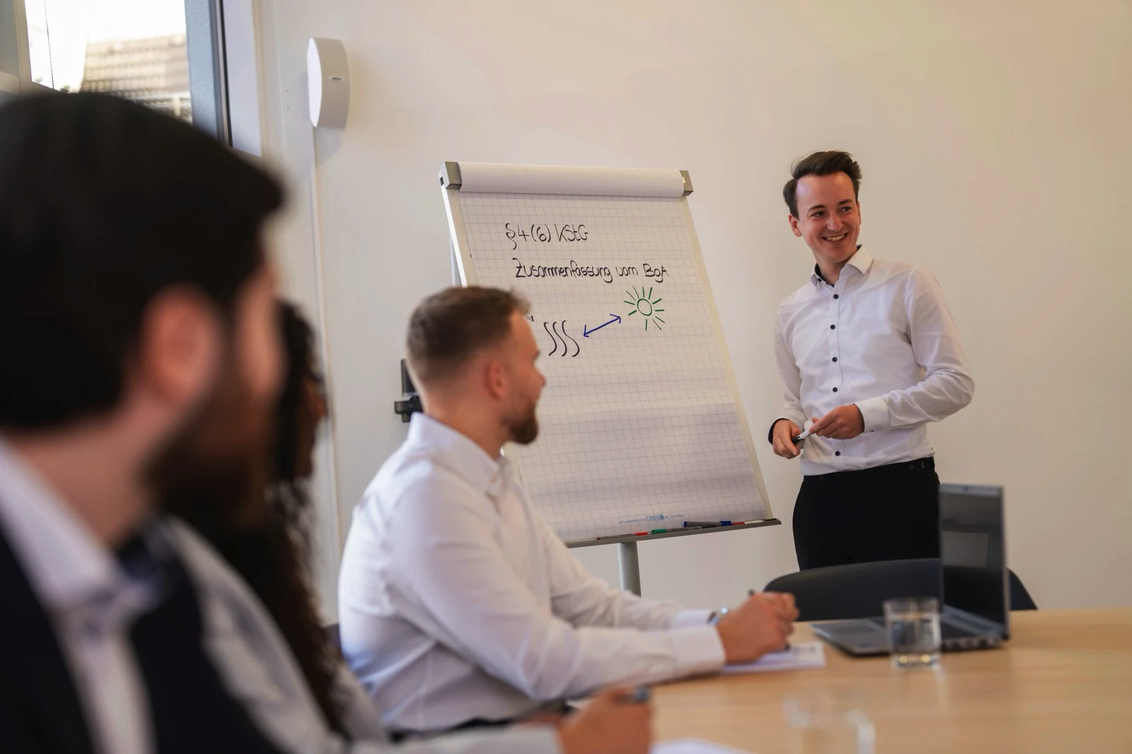 Ein Mann in weißem Hemd präsentiert vor einem Flipchart mit einer Zeichnung und schreibt, während drei Personen ihm an einem Tisch aufmerksam zuhören.
