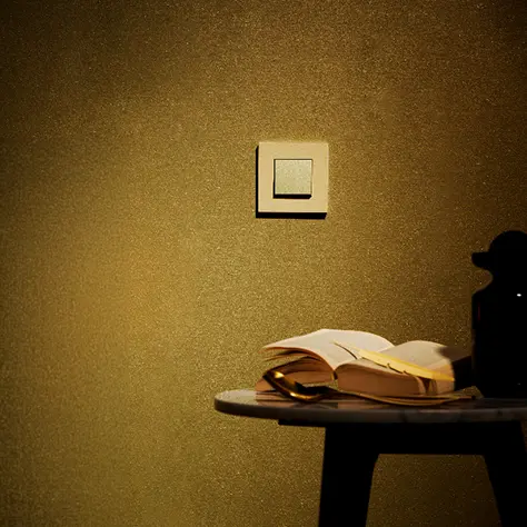 Warm verlichte tafel met open boek en bril tegen een bruine muur met een lichtschakelaar.