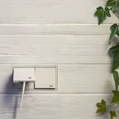 Witte elektrische wandcontactdoos met een stekker en groene klimopbladeren aan de rechterkant.