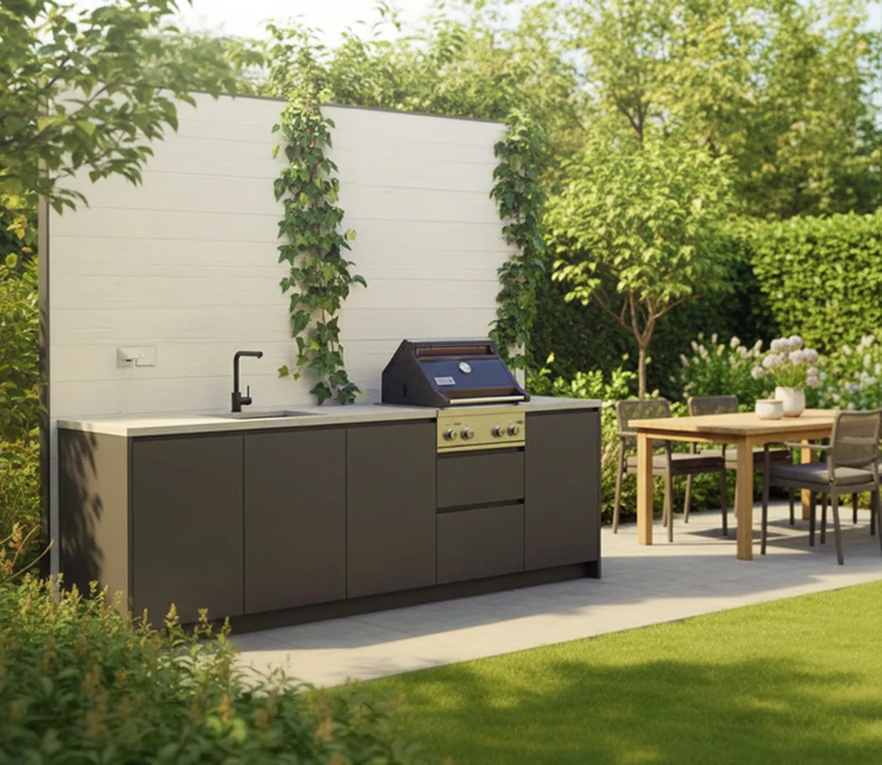 Vrijstaande buitenkeuken met wit houten achterwand, afgedekte IP44 spatwaterdichte stopcontacten, zwarte kasten, en een ingebouwde gasbarbecue.