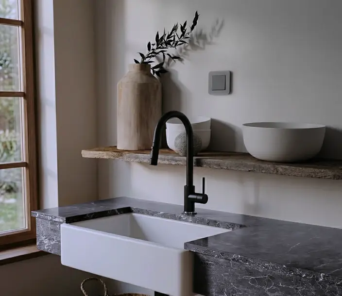 Keukenhoek met zwarte gootsteenkraan, witte gootsteen en houten plank met keramische vazen en een tak, naast een raam.