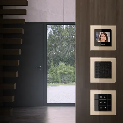 Moderne deur met glazen zijpaneel en kleuren videodeurintercom en schakelaars aan wand.