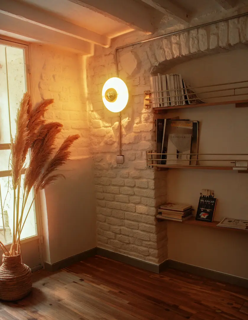 Cottage-look interieur met metaal-look buizen en schakelaar.