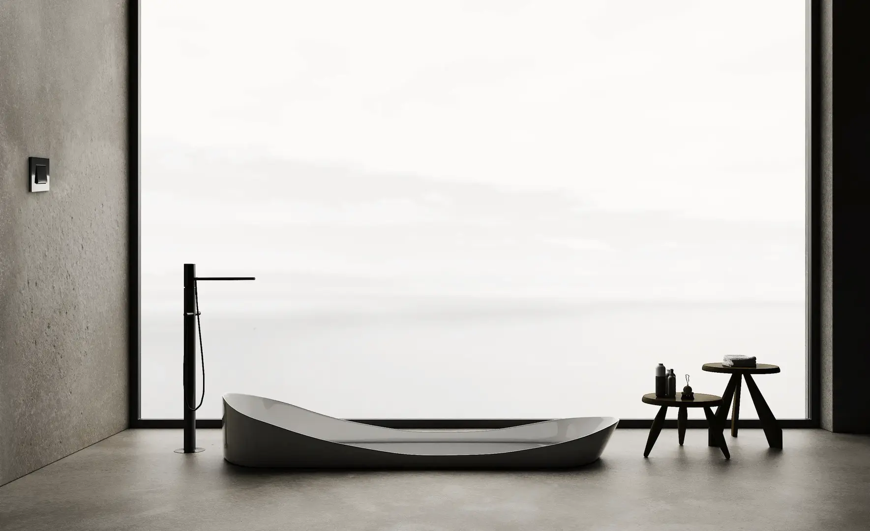 Designer badkamer met ligbad en  IP44 schakelaar van glanzend bakeliet.