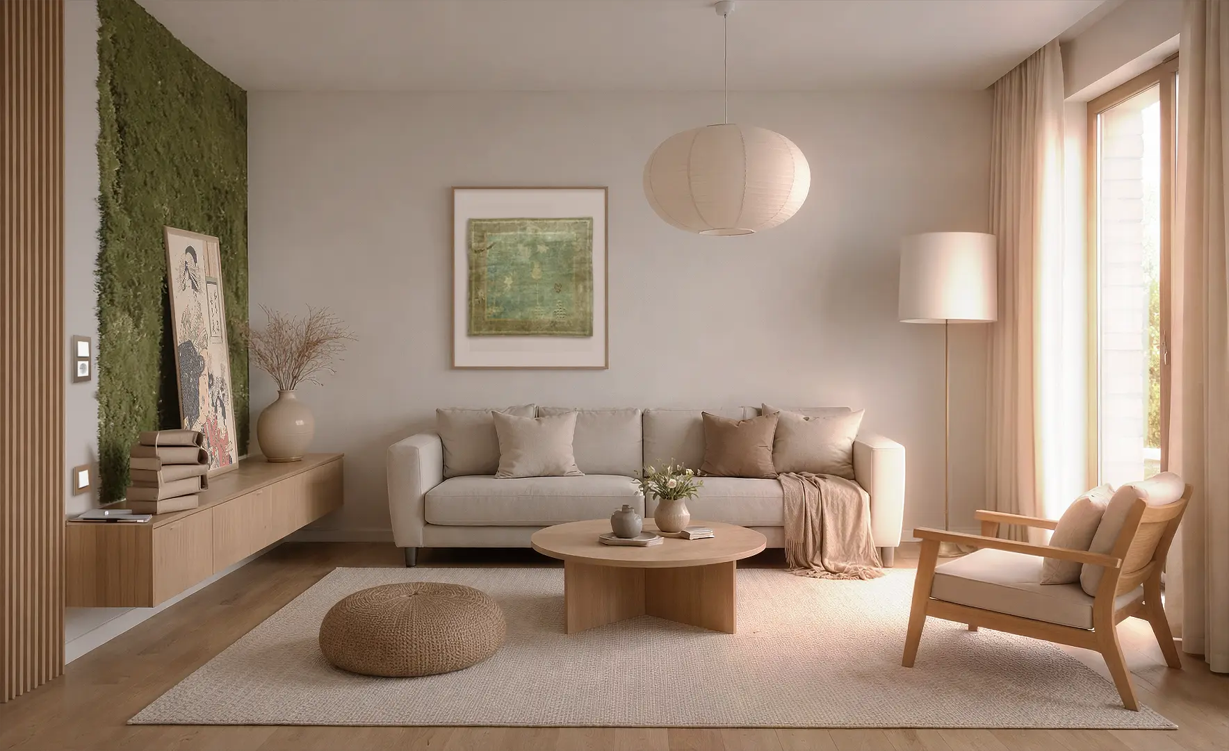 een rustgevend japandi-stijl interieur met moderne lichtknoppen van bruin linoleum