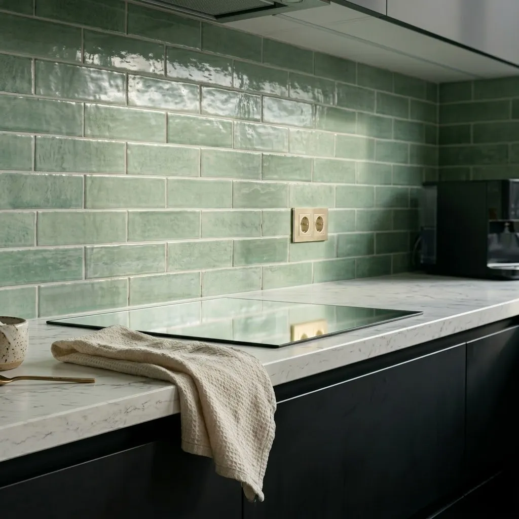 zwarte keukenkastjes met een wit aanrecht met inbouw kookplaat en langwerpige groene tegels waarop een messing stopcontact is gemonteerd