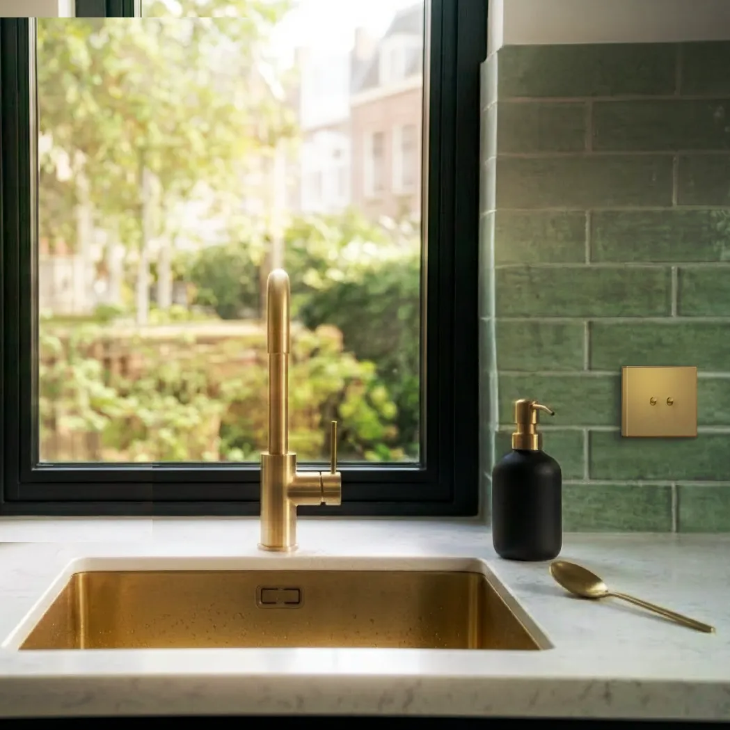 Detial van een messing kraan en spoelbak met bijpassende schakelaar