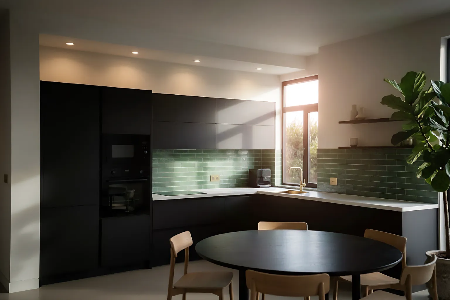 Overzicht van een stijlvolle keuken in zwart, wit en goudkleurig messing