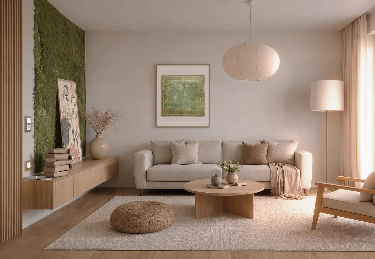 een rustgevend japandi-stijl interieur met moderne lichtknoppen van bruin linoleum