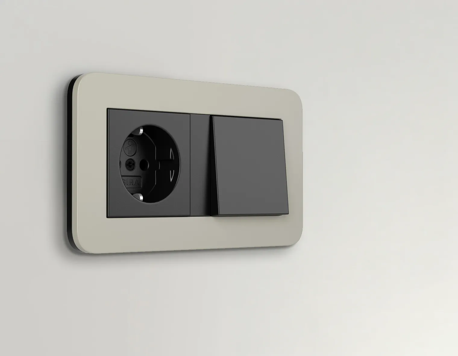 Gira E3 zwarte schakelaar en stopcontact combinatie uitgevoerd met afgerond lichtgrijs afdekraam in soft-touch afwerking