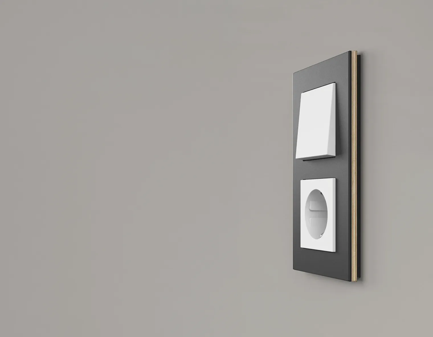 Gira Esprit combinatie met witte schakelaar en stopcontact in een afdekraam van multiplex en antracietkleurige linoleum, op een lichtgrijze wand