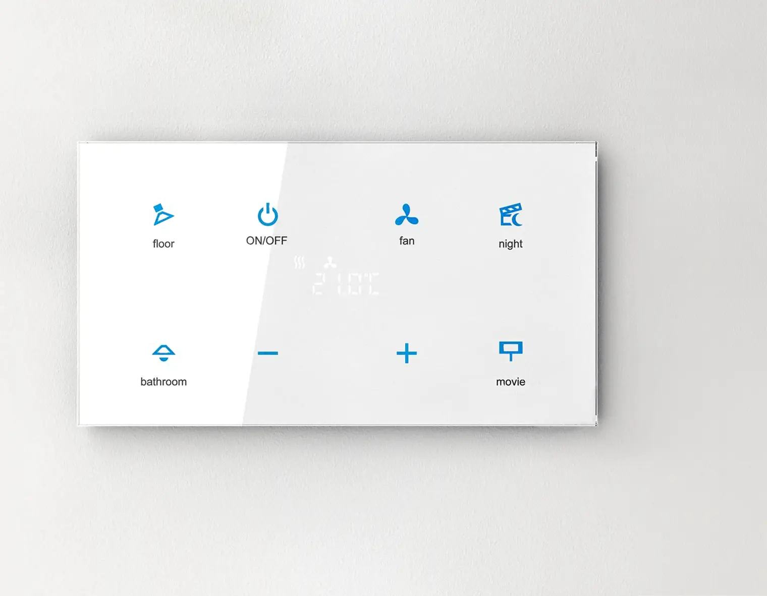 een wit glazen Busch Jaeger Tacteo® smarthome bedieningspaneel op een witte wand