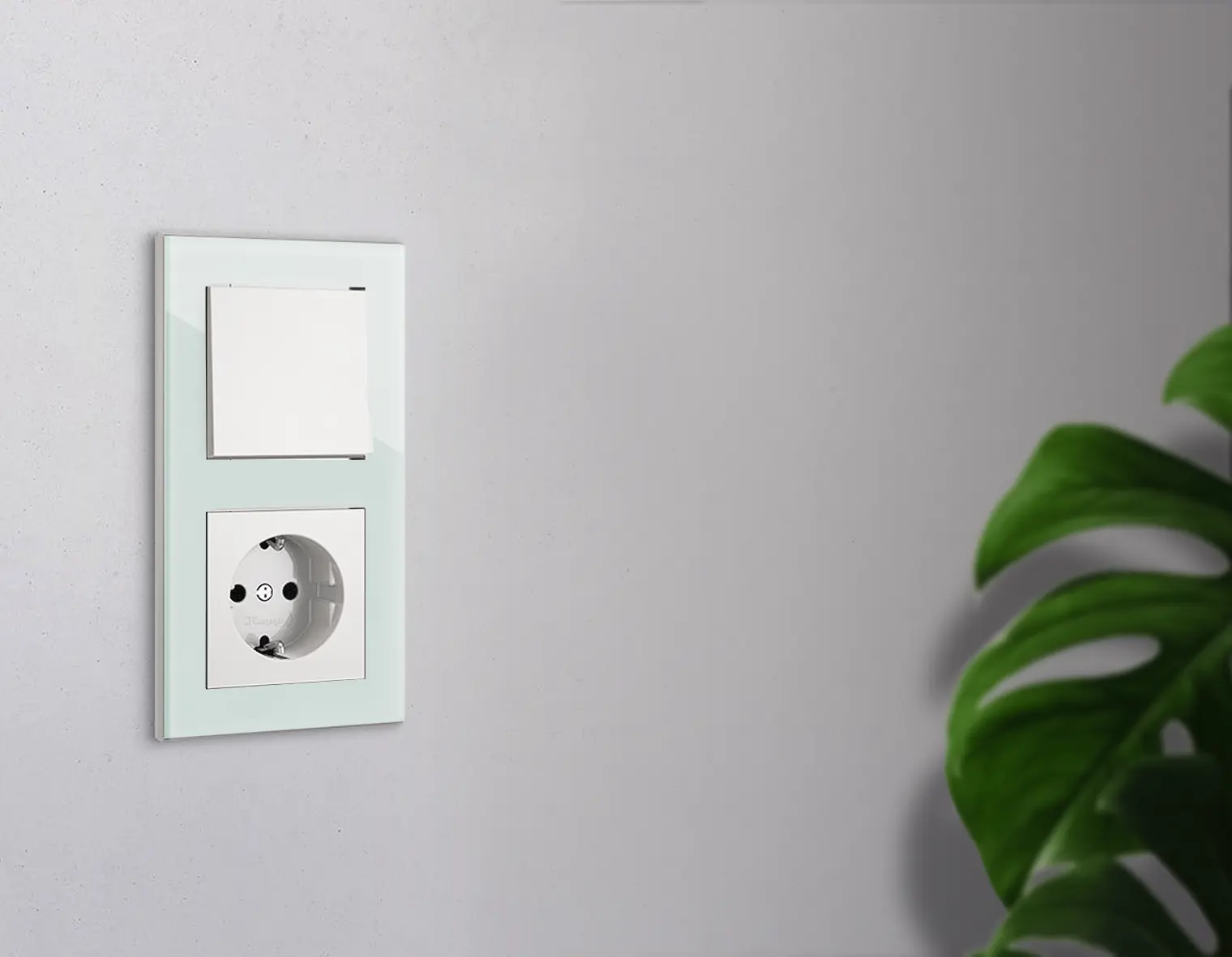 Een Kopp HK 07 schakelaar en stopcontact-combinatie in wit en mintkleurig glas op een witte wand waarvoor een monstera plant staat