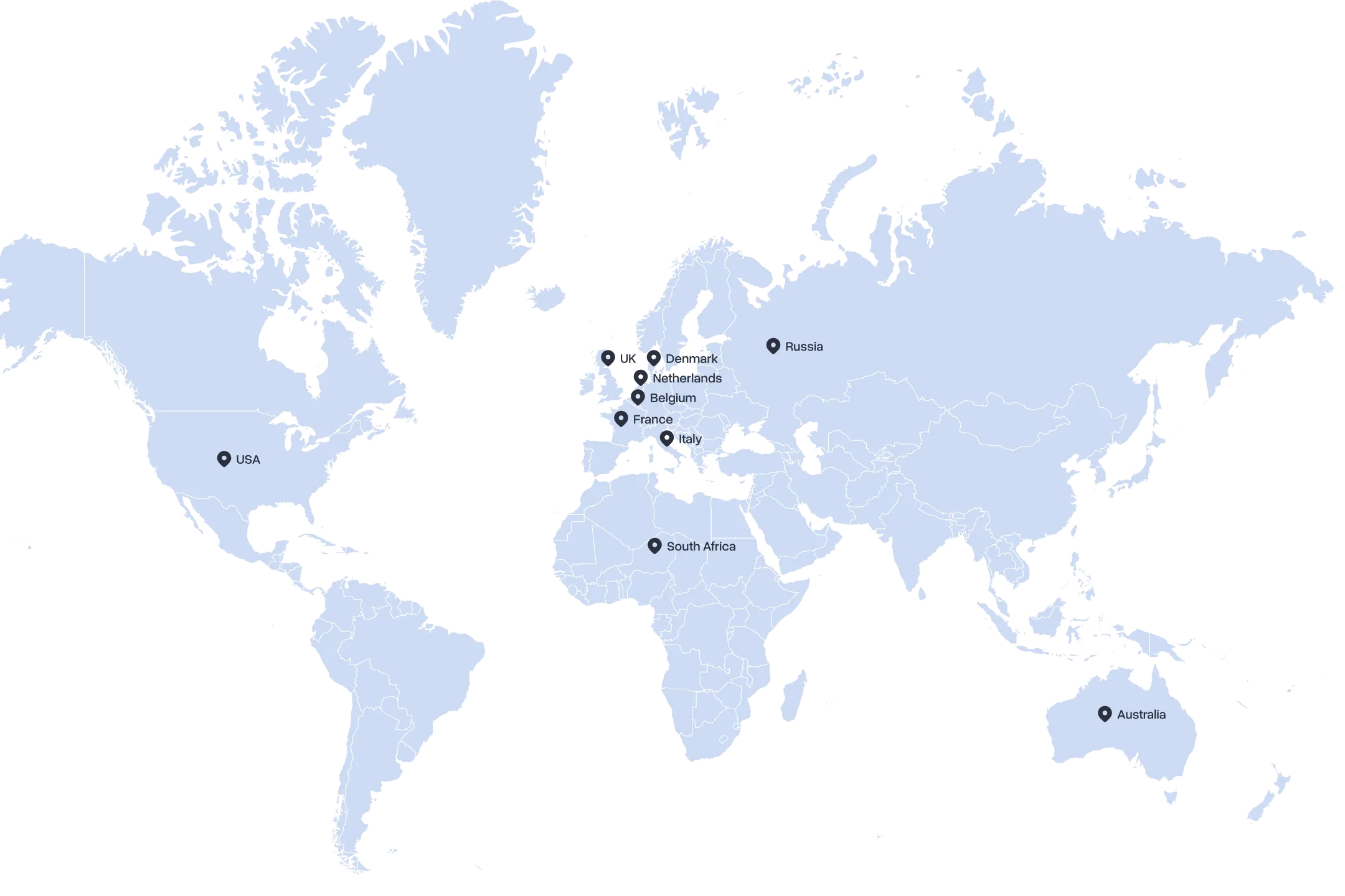 World map highlighting locations marked in USA, Russia, South Africa, Australia, and European countries including Denmark, Netherlands, Belgium, France, and Italy.