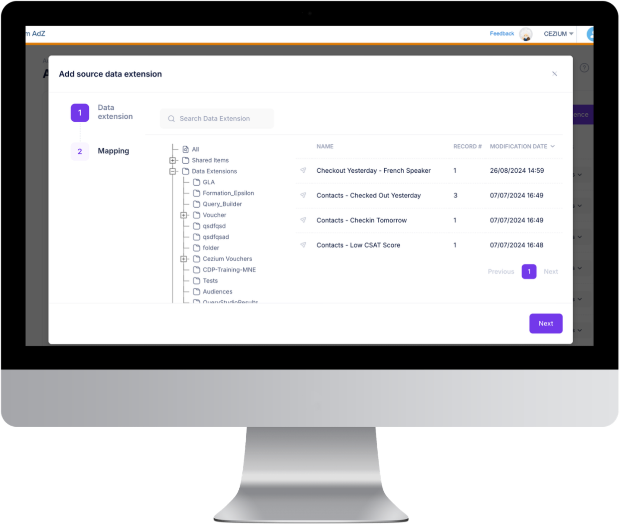 Data Extension selection screen