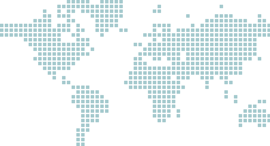 World map composed of evenly spaced blue square pixels on a black background.