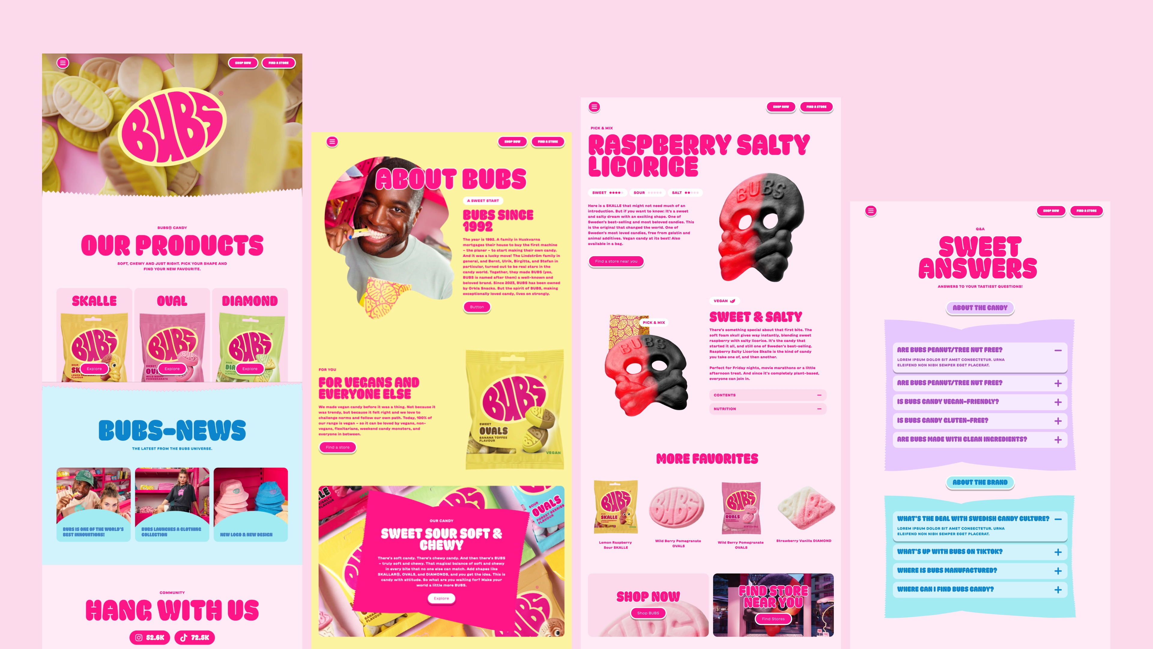 Landing Pages Overview of the BUBS website pages with products, news and FAQ in pink and yellow