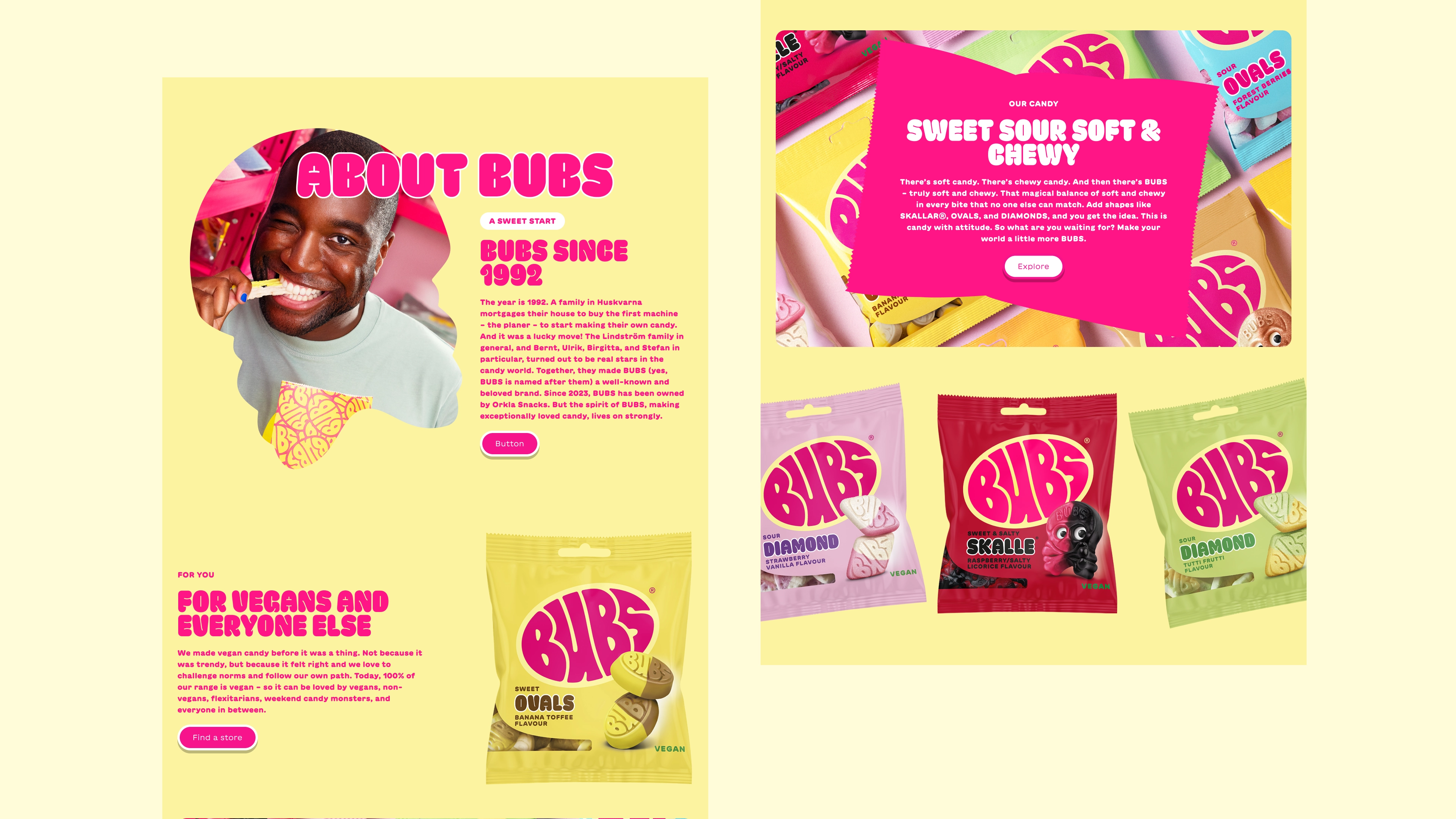 Landing Pages BUBS About page and campaign section with candy bags in bright colors
