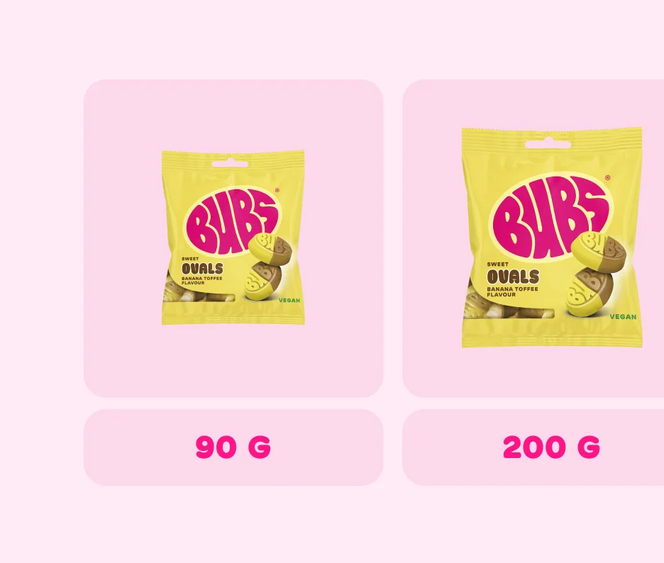 Design component of BUBS candy bags shown in 90 g and 200 g sizes