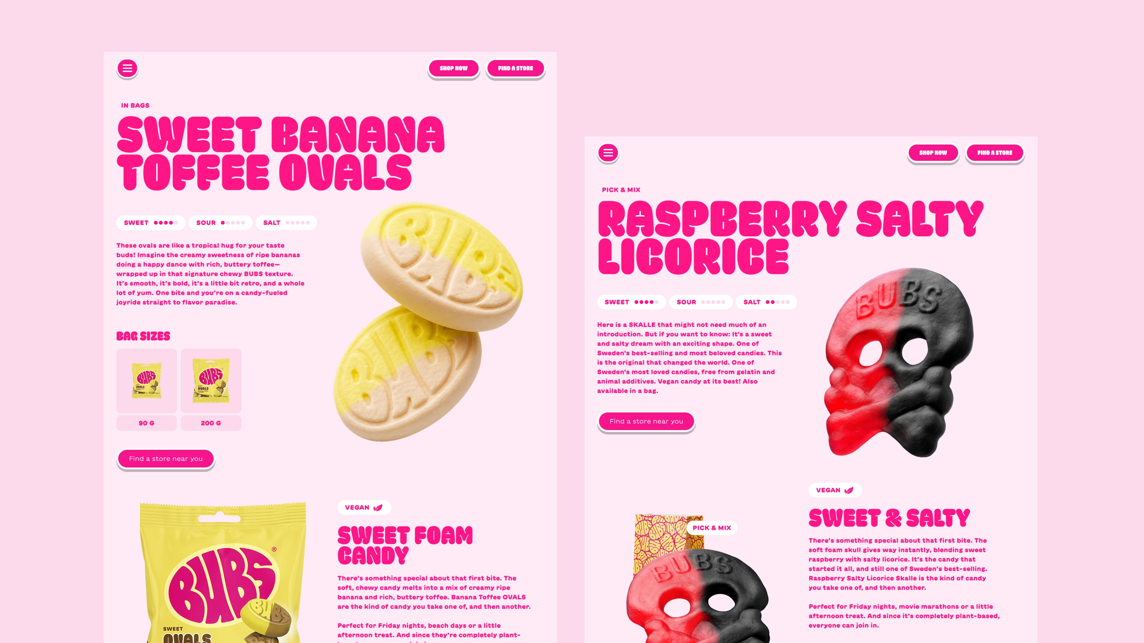 BUBS product pages for Sweet Banana Toffee Ovals and Raspberry Salty Licorice