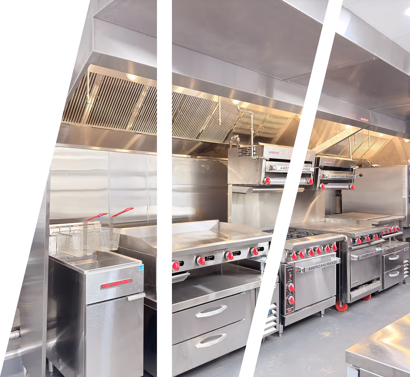 Industrial prefabricated kitchen with stainless steel fryers, griddles, ovens, and ventilation hoods.