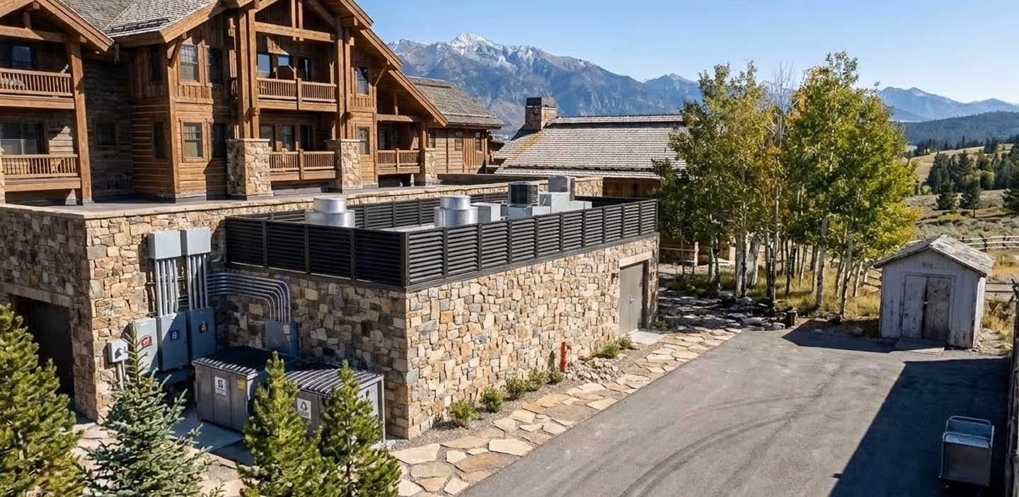 Rustic stone and wood lodge building and prefabricated kitchen with mountain view, surrounded by trees and paved pathway.