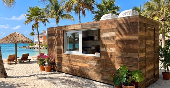 Wooden beachside concession stand with service window under palm trees and sky.