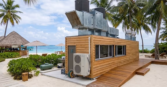 Wood-paneled kitchen building with ventilation ducts on a sandy beach with palm trees.