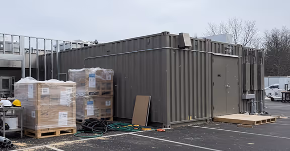 Shipping container on parking lot with pallets, hoses, and construction materials around it.