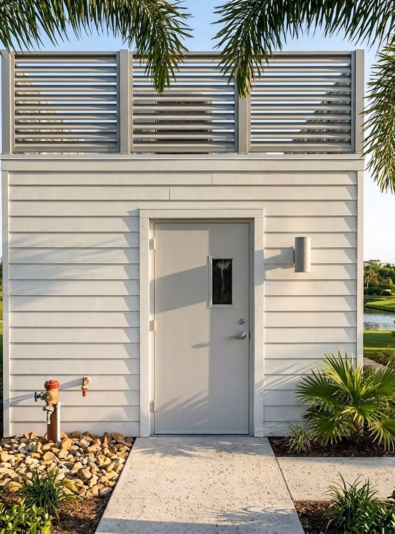Small white utility building with a gray door and ventilation panels at the top, surrounded by plants.