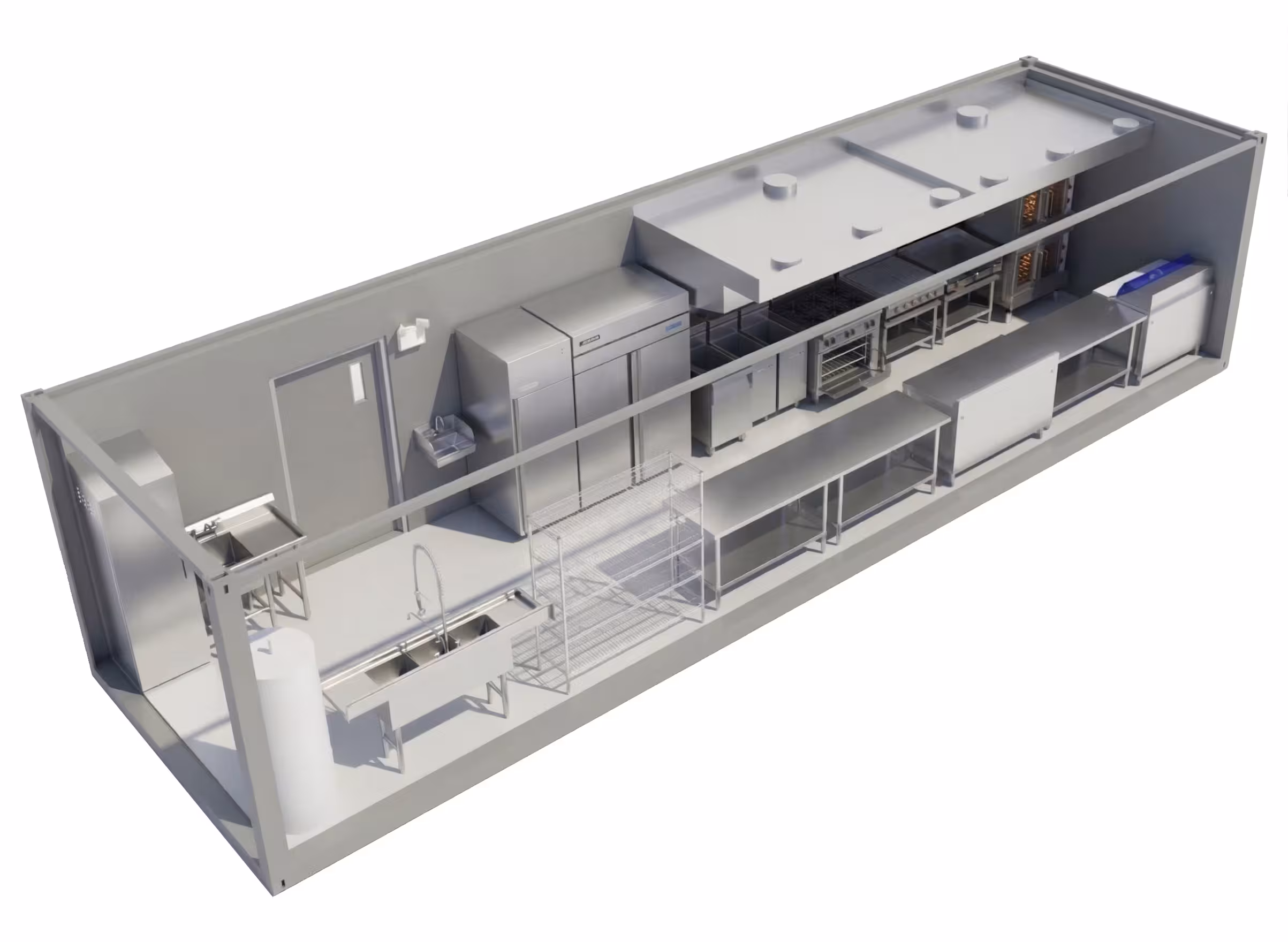 Interior view of a modern shipping container kitchen with sinks, storage, ovens, and counters.