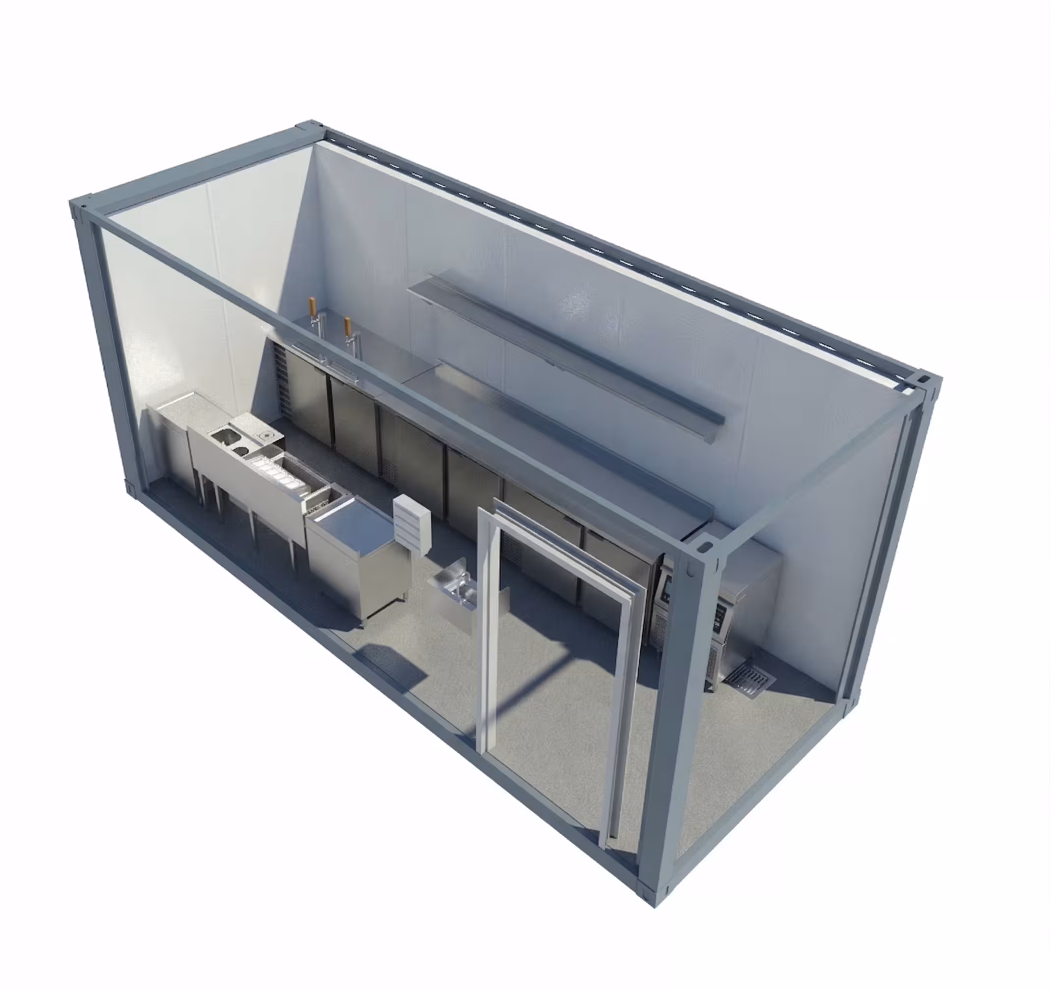 3D rendering of an interior of a shipping container bar with stainless steel counters, sinks, and appliances.