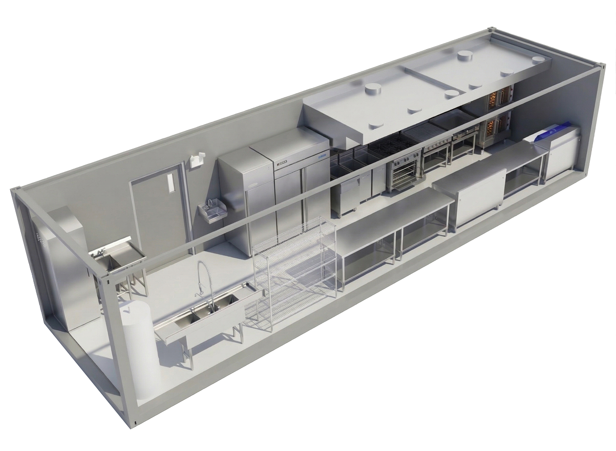 Shipping container kitchen Bolt 440 – turnkey modular kitchen unit 3D rendering