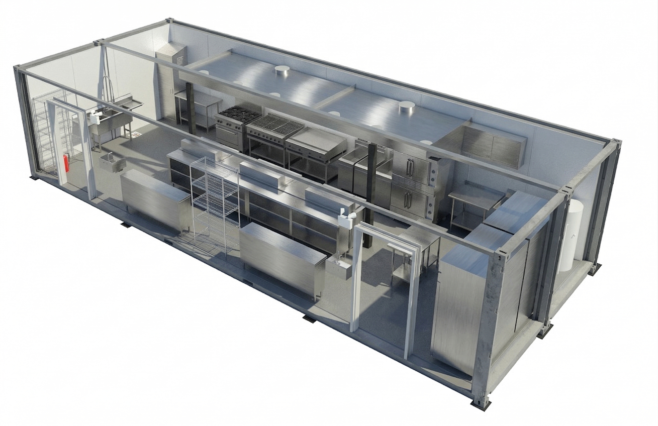 Shipping container kitchen Bolt 640 – large modular commercial kitchen 3D rendering 