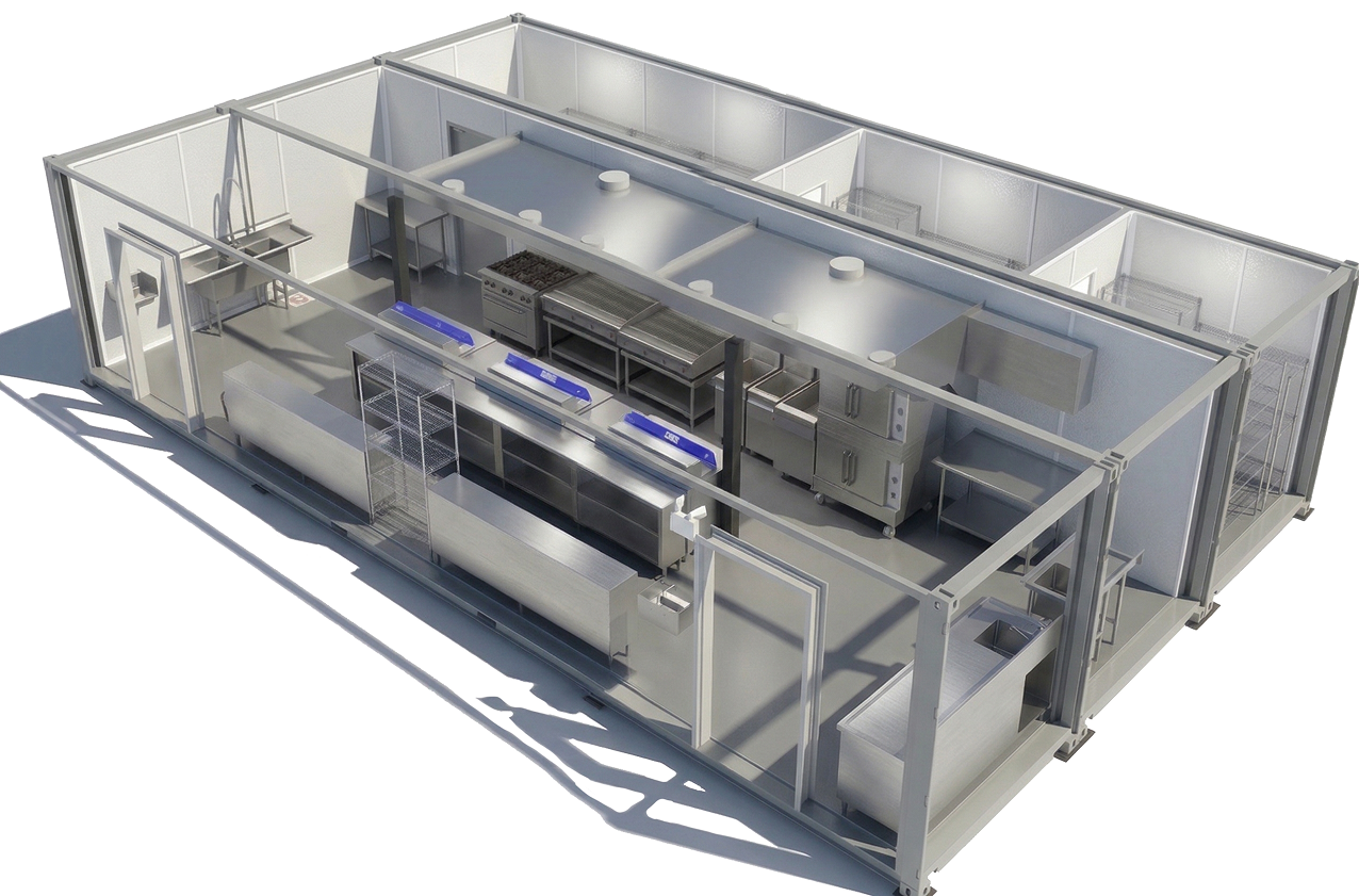 Shipping container kitchen Bolt 960 – extra-large modular commercial kitchen 3D rendering