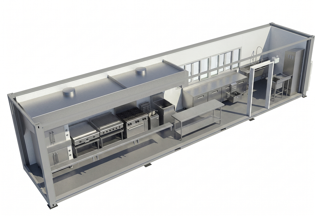 Shipping container kitchen Bolt 320 – prefabricated modular commercial kitchen 3D rendering