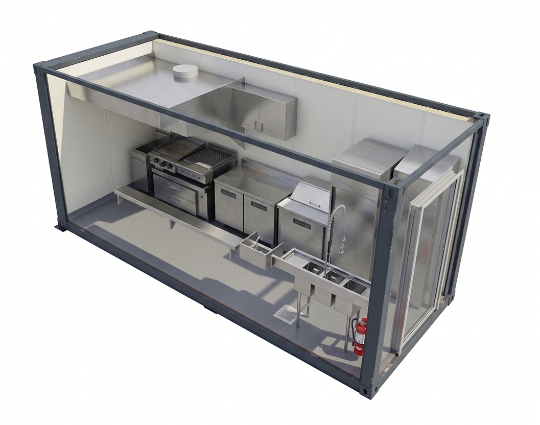 Shipping container kitchen Bolt 160 – compact modular commercial kitchen 3D rendering