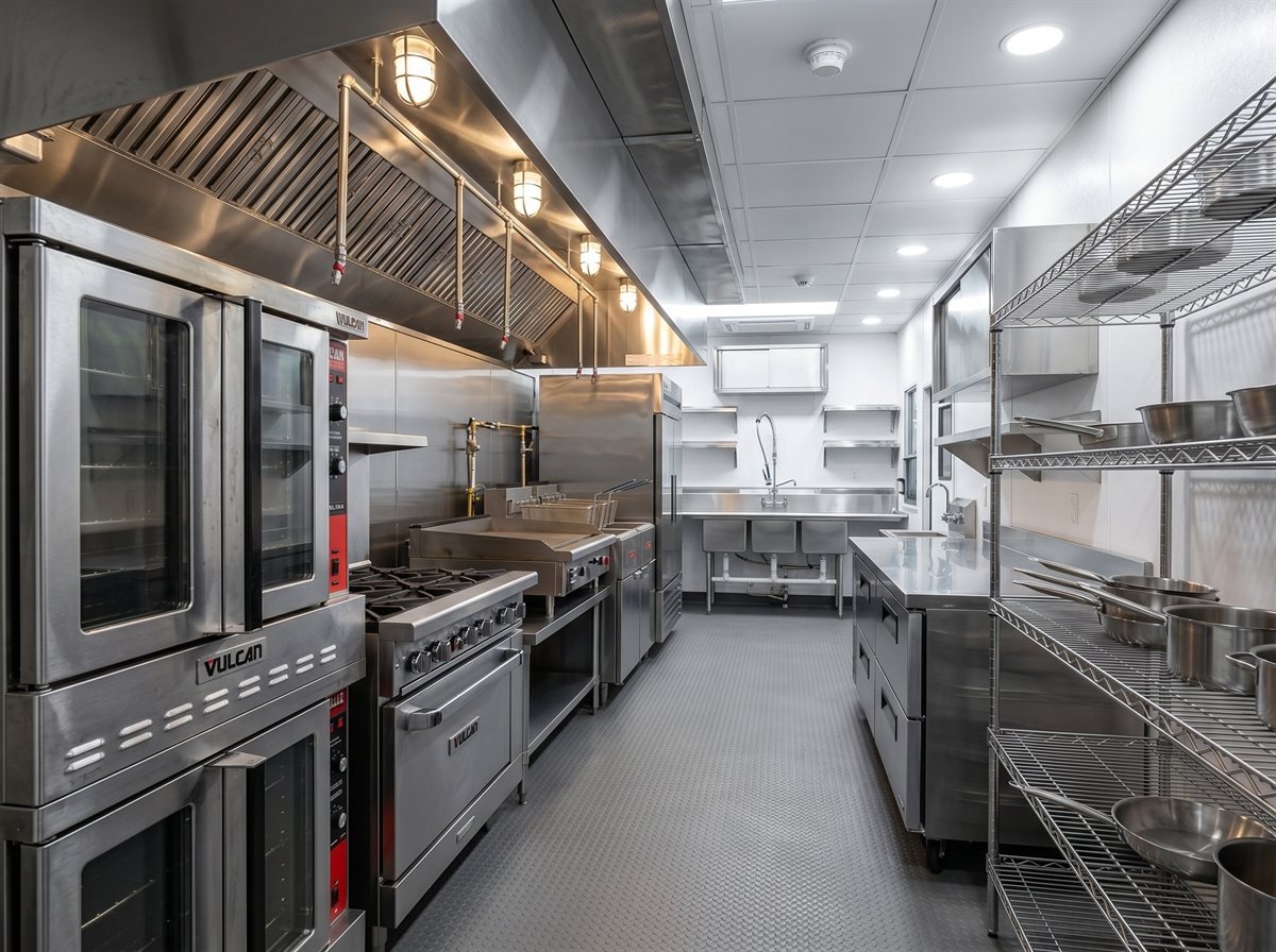 A mobile kitchen trailer interior, fully equipped