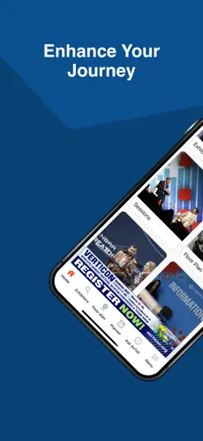 Partial view of a smartphone screen showing an app interface with sections titled Seating, Floor Plan, and Information, plus a Register Now banner, against a blue background with the text 'Enhance Your Journey'.
