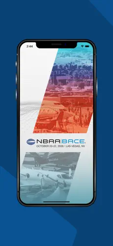 Smartphone screen displaying the opening screen for the NBAA-BACE mobile app, with a design featuring cityscape, crowd, and aircraft images in blue and red overlays.
