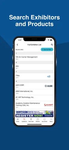 Smartphone screen displaying an app interface for searching exhibitors and products, showing a list of exhibitor names and logos with a filter button at the top and a bottom menu bar.