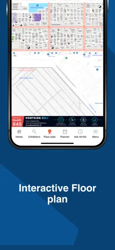 Smartphone screen showing an interactive floor plan of an exhibition with booth numbers and map details, navigation icons at the bottom, and text 'Interactive Floor plan' below the phone.