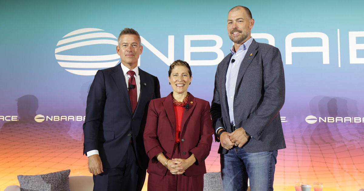 Secretary of Transportation Sean Duffy (left) NBAA SVP Govt. Affairs Kristie Greco Johnson (center) BETA Technologies CEO Kyle Clark (right)