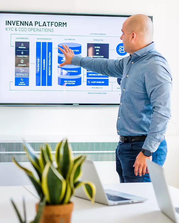 Man in blauwe overhemd wijst naar een scherm met een diagram over Invenna Platform KYC & CDD operaties in een vergaderruimte.