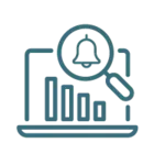 Diagram met een klok boven een grafiek met drie verticale balken en een vergrootglas dat op de klok gericht is.
