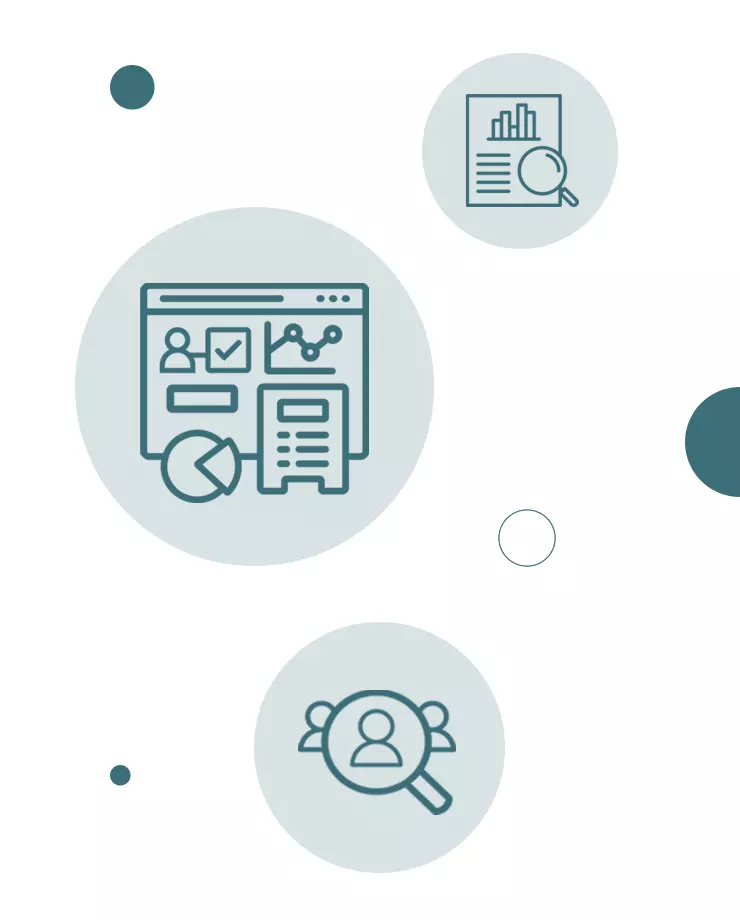 Drie pictogrammen in blauwe cirkels: een dashboard met grafieken en documenten, een vergrootglas zoekend over een groep mensen, en een vergrootglas op een rapport met grafiek.